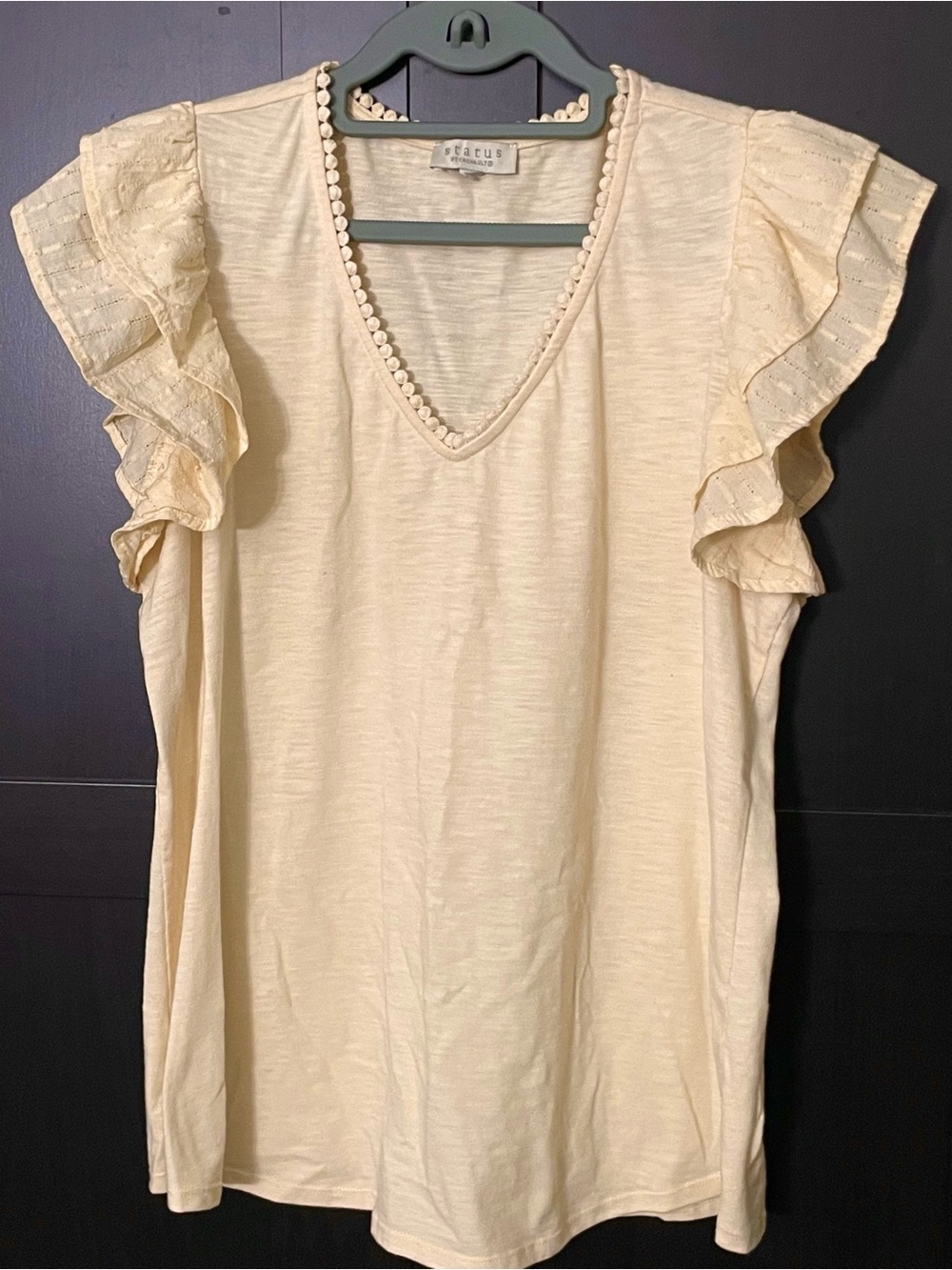 Status ~ V-Neck Flutter Ruffled Sleeve Knit Blouse in Light Yellow - Large